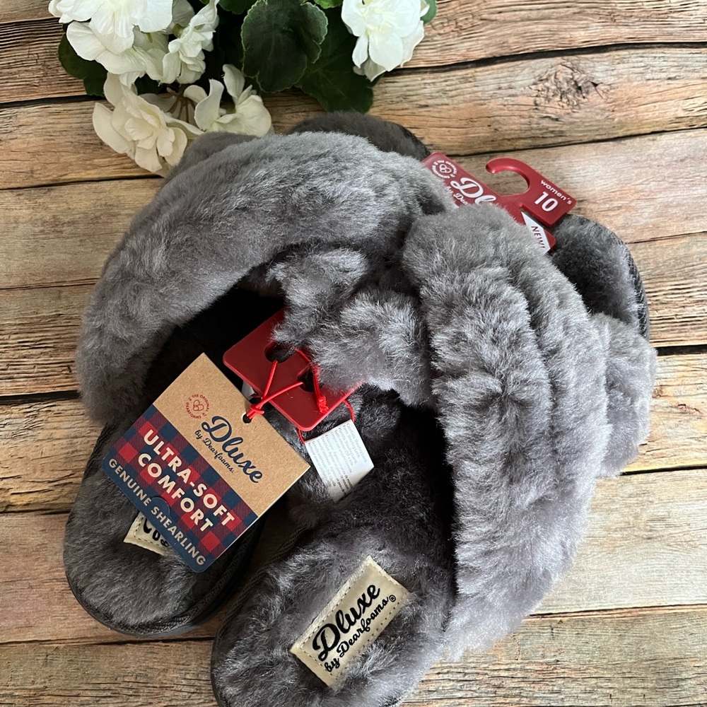 NWT Dearfoams DLUXE Danica Slide Slipper Gray Genuine Shearling Size 10 - Picture 2 of 6